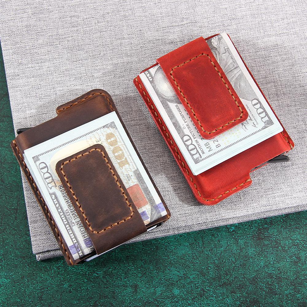 Handmade PoP Up Card Holder Genuine Leather Credit Card and Money Clips Case RFID Blocking Minimalist Wallet with Compartment for Notes