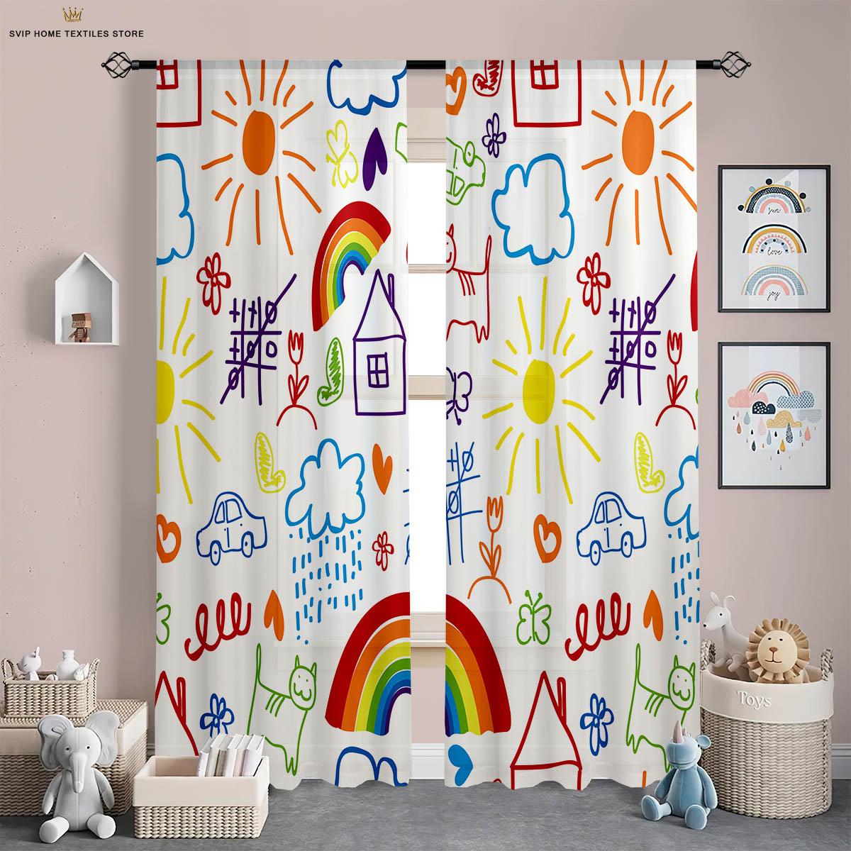 Regenboogkleur Strepen Gordijnen Voor Jongens En Meisjes, Driedimensionale Patroon Print Gordijnen, Decoratief Stuk Voor Keukenruimte En Woonruimte W50X130H(CM)X2PCS&Rod pocket