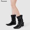 Punk Rivet Spike Patent Leather Women Motorcycle Boots Autumn Winter Thick High Heels Western Chunky Boots Shoes Booties