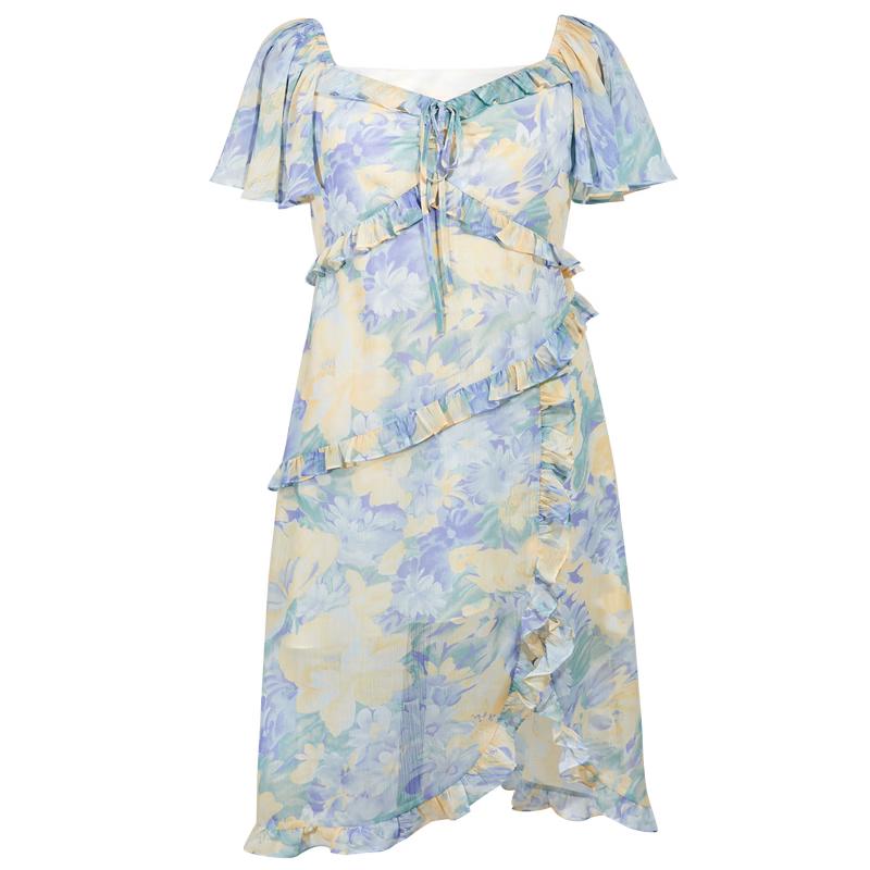 Women s Ruffle Print Chiffon V-Neck Maxi Dress L