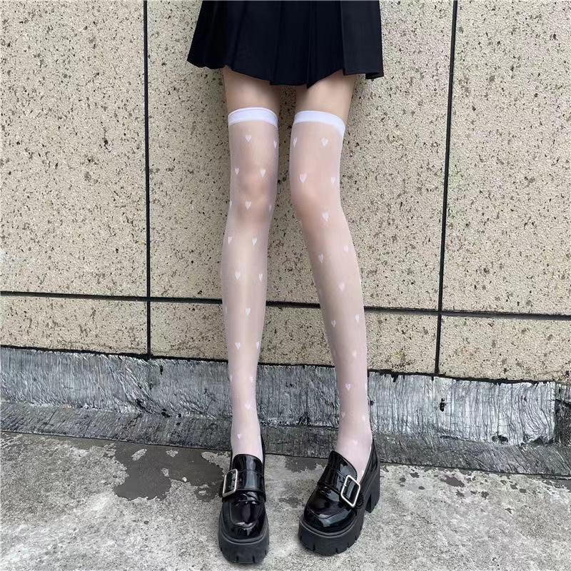 Koreanischer Lolita-Stil JK-Frauen, weiße und schwarze Schulstrümpfe, Mädchen, Herzdruck, japanische Kawaii, süße transparente kniehohe lange Socken
