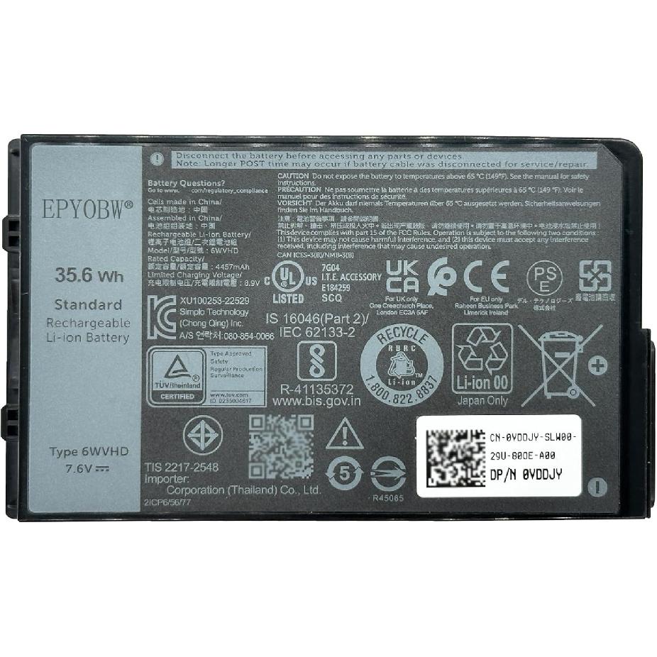 

Аккумулятор для ноутбука 6WVHD 35.6 Втч 4457 мАч 4-элементный 7.6 В Совместим с планшетом DELL Latitude 7230 Rugged Extreme / Серия T06H T06H001 FNW8F 0VDDJY VDDJY