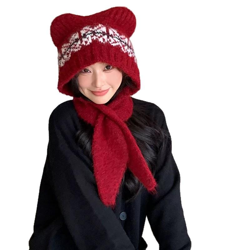 Damen Niedliches Wollmischung Bärenmütze & Schal Set - Winter Warm, Figurbetont & Gestrickt mit Ohrenklappen.