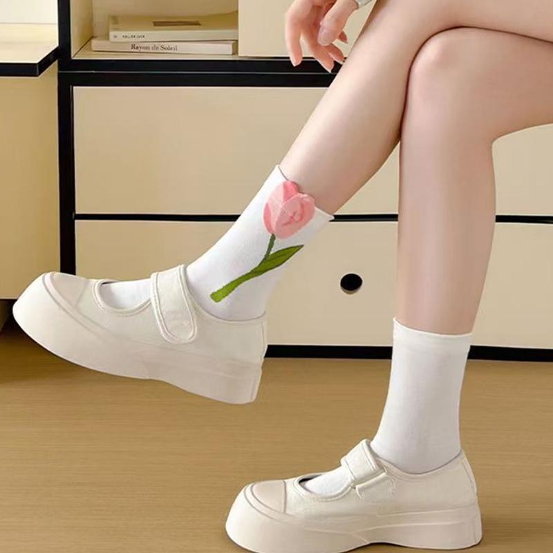 1/5 par Strumpor Mångsidiga Mellankorta Strumpor Bekväma Blommig Design Söt 3D-mönster Söt Tulpanform Andningsbar En Storlek