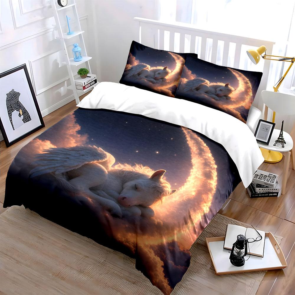 3Pcs Dreamy Unicorn Sleeping On Clouds Duvet Cover Set With 3D Printing Design Soft Polyester Bedding Set All-Season Comfort
