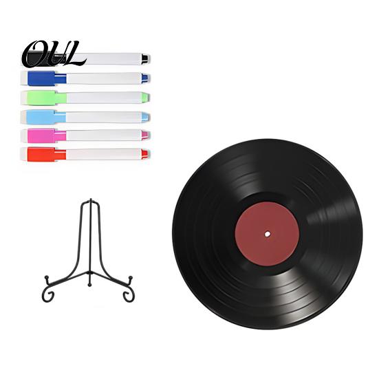 DIY Commemorative Ornaments Vinyl Record Graffiti Clock Ornament, Blank Acrylic Retro Tabletop Wall Creative Craft Projects Decor with Stand, Reusable