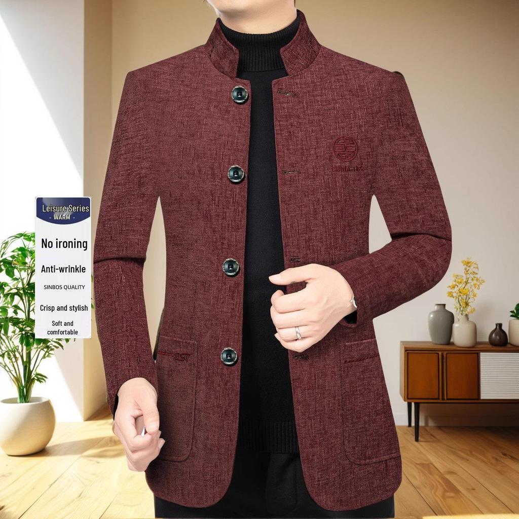 Men's Ethnic Style Woolen Stand-Up Collar Jacket - Business Casual, Warm Winter Wear for Middle-Aged Dads