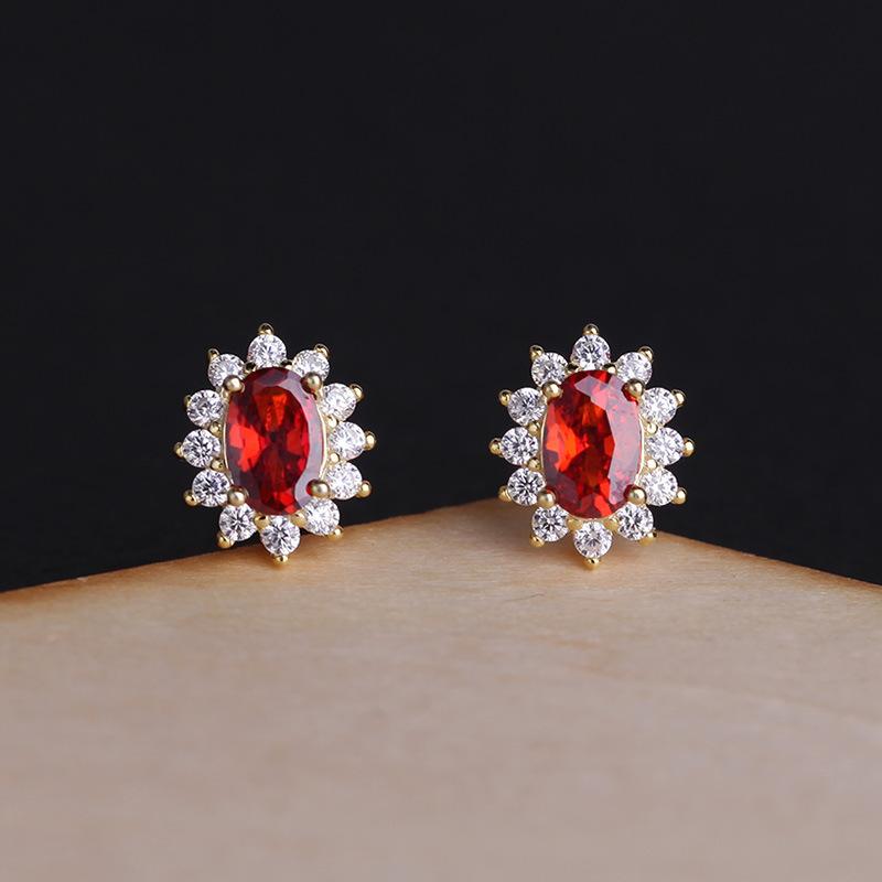PONYKISS Vintage  Sterling Silver Geometric Oval Garnet Ruby Red Zircon Lace 14K Gold Stud Earring for Women Luxury