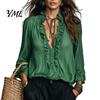 Tägliches Oberteil Damen Rüschen V-Ausschnitt Top, Einfarbig Lässig Langarm Pullover Shirt, Retro Falten Locker für Herbst Elegant