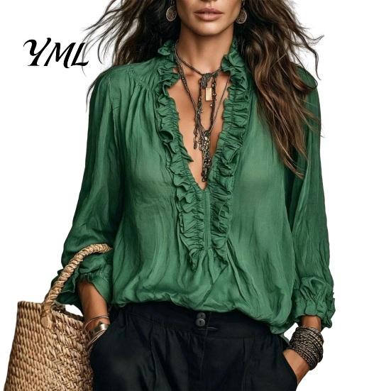 Tägliches Oberteil Damen Rüschen V-Ausschnitt Top, Einfarbig Lässig Langarm Pullover Shirt, Retro Falten Locker für Herbst Elegant