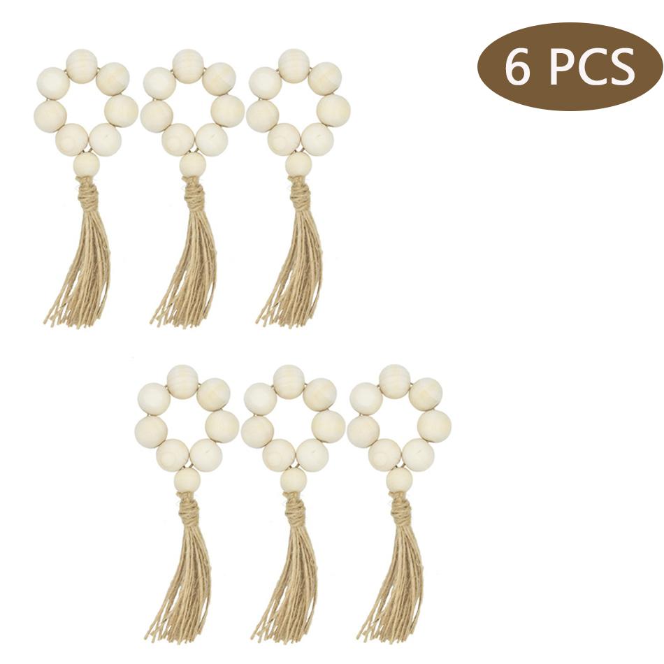 6PCS Natural Wood Bead Napkin Rings with Tassels,Wedding Home Decor Handmade Napkin Buckles,Rustic Farmhouse Napkin Holder