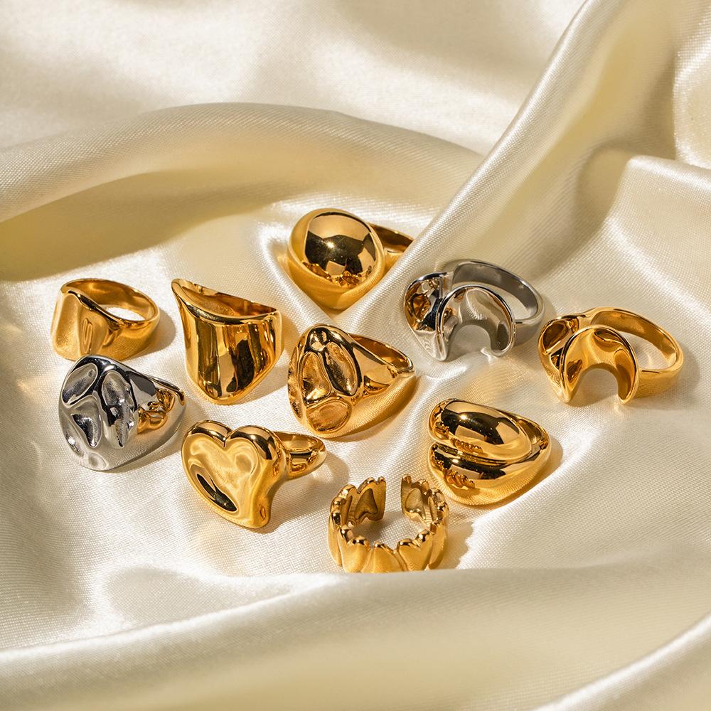 Stylish Texture Finger Jewelry Stainless Steel Waterproof Dome Ring Irregular Bold Chunky Geometric Ring for Girls