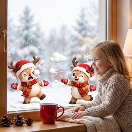 Storefront Glass Stickers Christmas Snowman/Santa Claus/Reindeer Window Clings, Reusable Static Stickers, Santa Claus Snowman Wall Decor PVC Removable