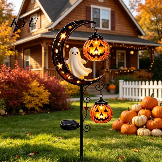Waterproof Wrought Iron Lawn Ornaments Solar Halloween Metal Garden Stake Light, Auto On/Off Crescent Moon Black Cat with Hanging Powered Pathway