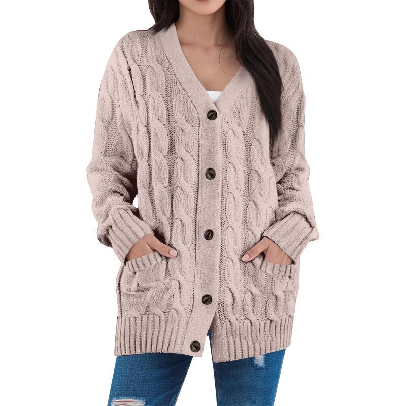 Damenmode Einfarbige Lässige Strickjacke Zopfmuster Knopf Strickjackenpullover