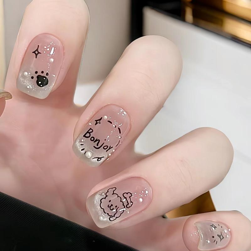 Cute Puppy and Cat Eye Short Press-On Nails – Handmade and Popular Among Students