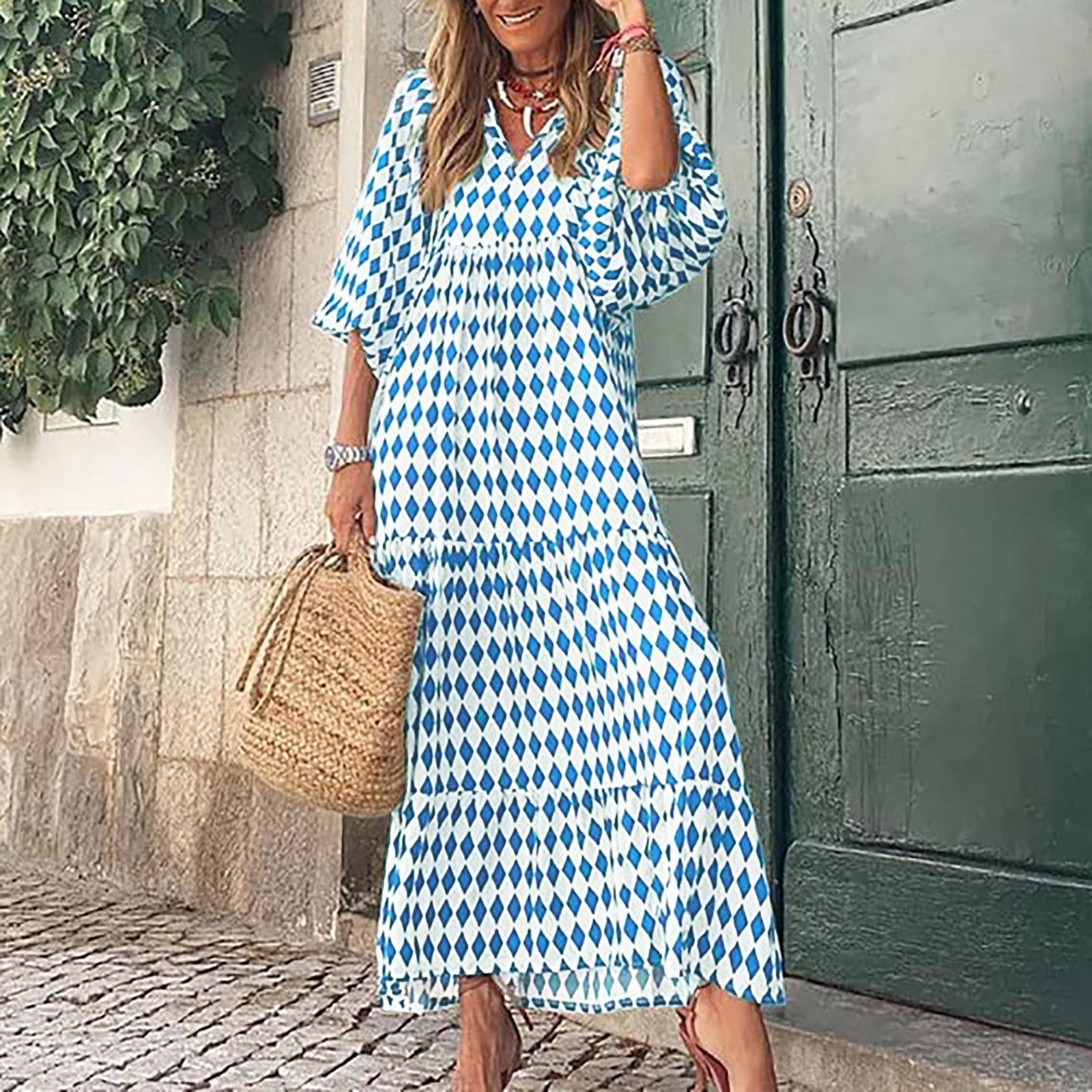 

Жіноча богемна довга сукня з квітковим принтом, модна літня пляжна сукня з V-подібним вирізом XXL синій