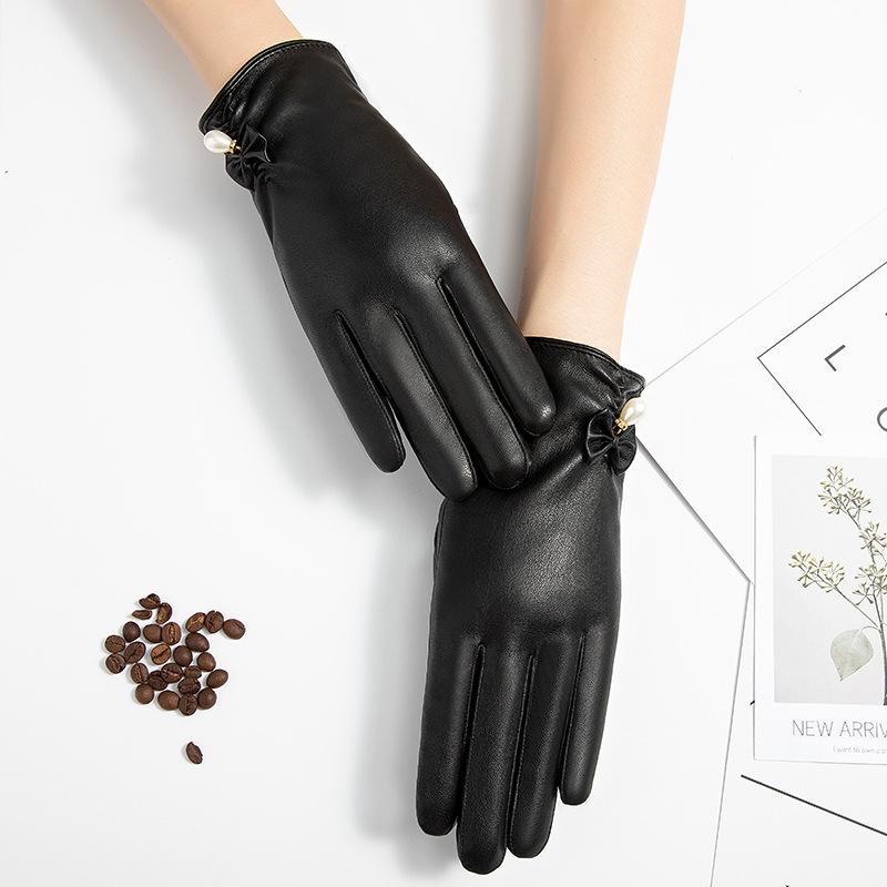 PU Leather Gloves for Women's Autumn and Winter Korean Version with Velvet Warm Windproof Waterproof Cold Riding Touch Screen