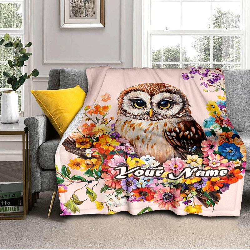 1PC Custom Name Floral Owl Art Flannel blankets Patterns Throw Blanket All-Season Soft Gift for Couch, Bed, Camping gifts