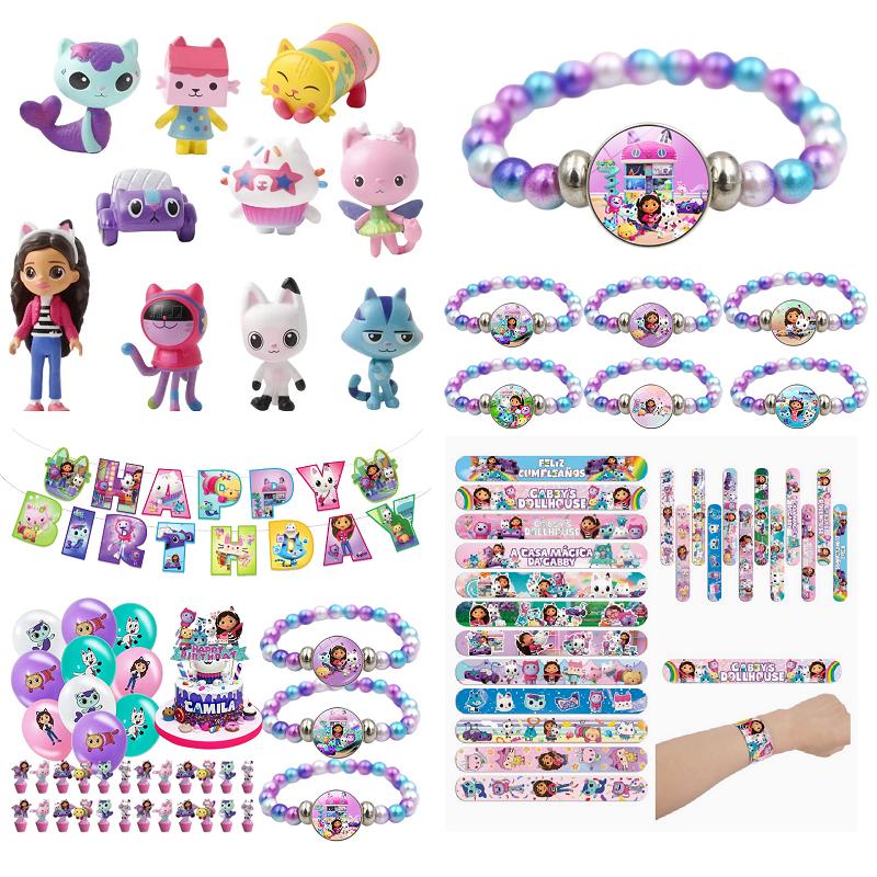 6-12pcs Gabby Dollhouse Figure Toy Papa Ring Toy Set Baby Shower Party Anime Figure Small Gift Cartoon Bracelet Necklace Gifts