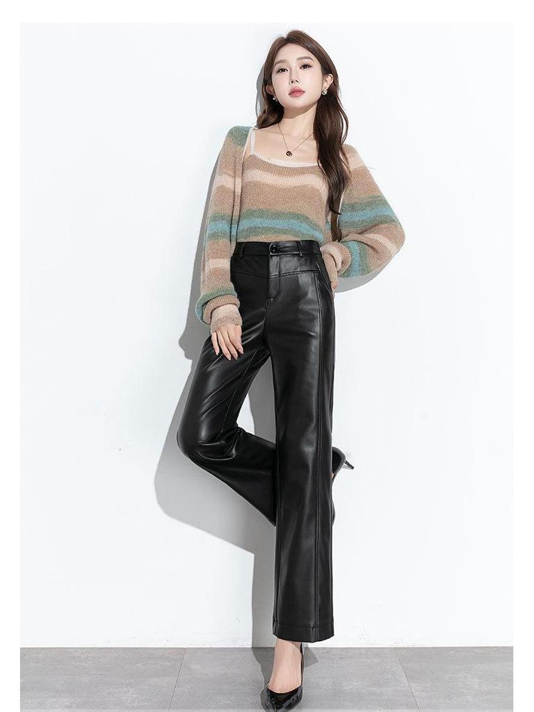 Haining Women's 2025 High-Waist Leather Pants: Slimming, Wide-Leg, Pure Sheepskin, Casual Style