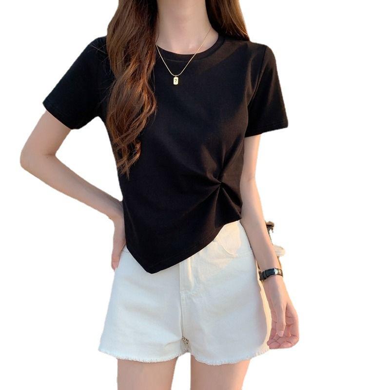 Short Scheming Design Slim Base Shirt Solid Color Top for Women Summer High Waist Navel Exposed Irregular Short-sleeved T-shirt for Women