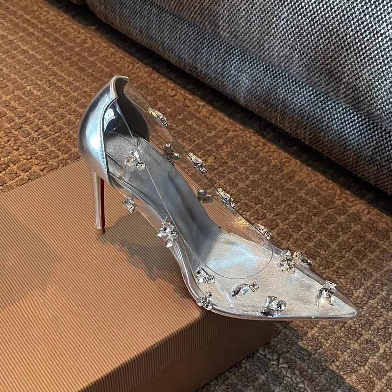 Fashion 2025 New Summer Pointed-Toe Transparent Pvc Pointed-Toe High Heels Luxurious Rhinestone Fairy Style High-Heeled Single Shoes