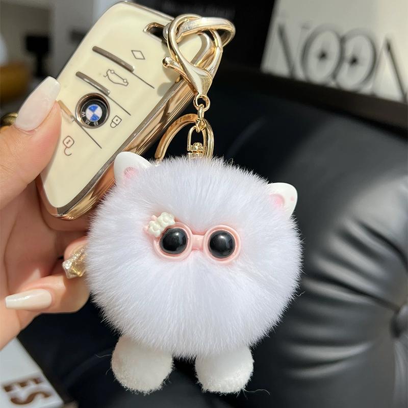 

[Милый котенок] Настоящий мех кролика рекс Маленький угольный шарик Брелок для ключей автомобиля Подвеска Ins Помпон Подвеска для школьной сумки