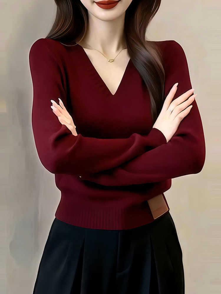 Autumn 2026 Red Women's V-neck Knit Sweater – French Retro Style