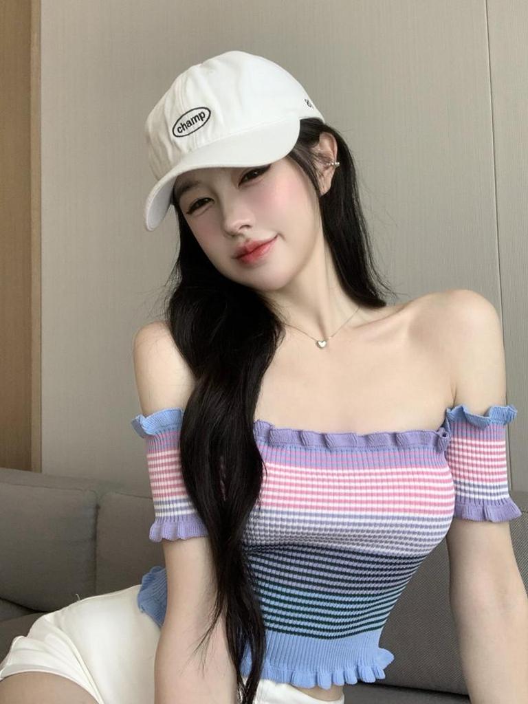 Women's Off-the-Shoulder Striped Knit Tee: 2024 Slim-Fit Summer Design