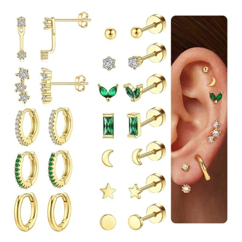 Nonallergenic Blocky Zirconia Ear Posts Set Surgical Steel Thin Jewelry For Sensitive Hearing Multiple Styles