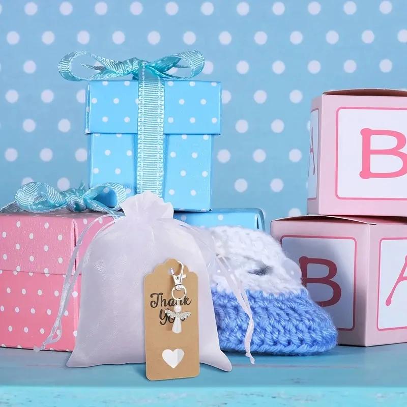 10/20Pcs Angel Keychains with Organza Bags And Angel Wing Thank You Tags Baby Shower Party Favors Thank You Gifts