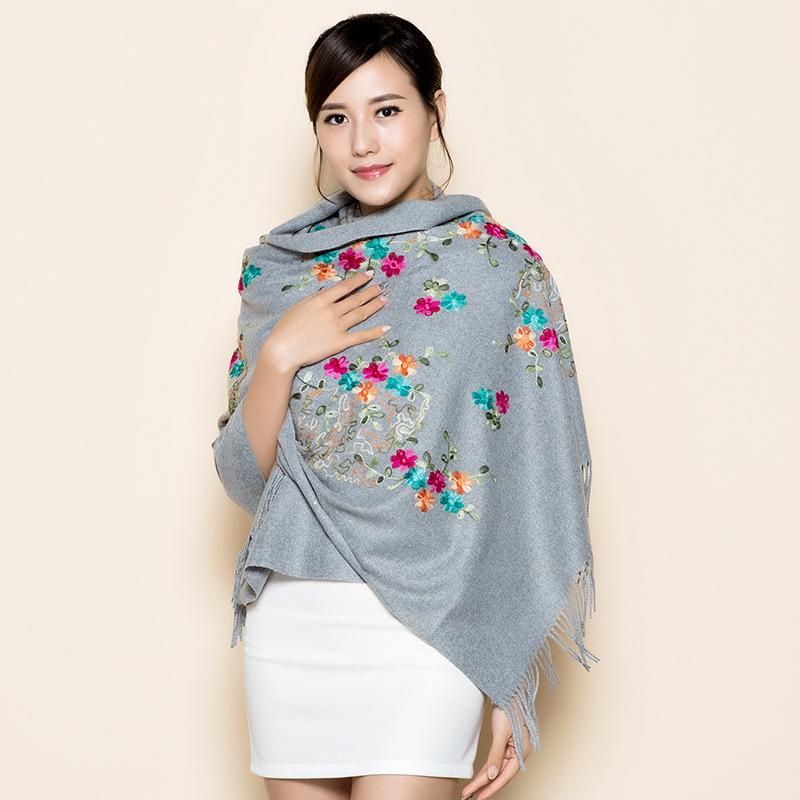 300g Faux Cashmere Embroidered Plum Blossom Scarf, Women's Ethnic Travel Wrap - Warm New Year Holiday Shawl