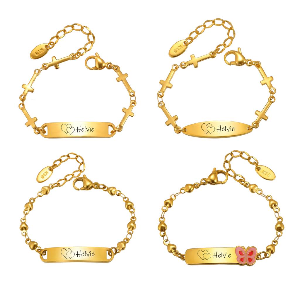 For Children Engrave Custom ID Name Bracelet Heart Cross Chain Stainless Steel Personalized Jewelry Birthday Gift for Girl Boy