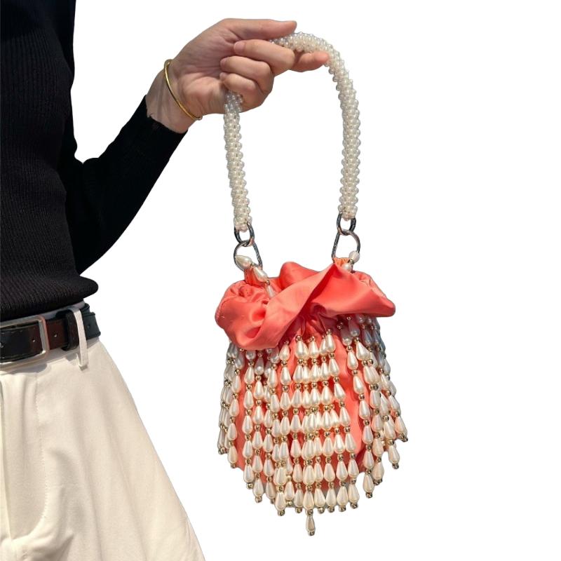 

Luxury Pearl Tassel Women s Shoulder Bag Top Handle Purses Elegant Satin Bucket Bag Hobo Bag Fashionable Versatile Underarm Bags