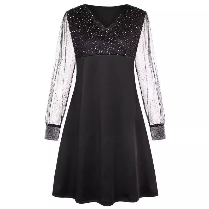 Tooxika Women's Long-sleeved V-neck Sequined Mesh Stitching Pullover Dress Female Sexy Dress