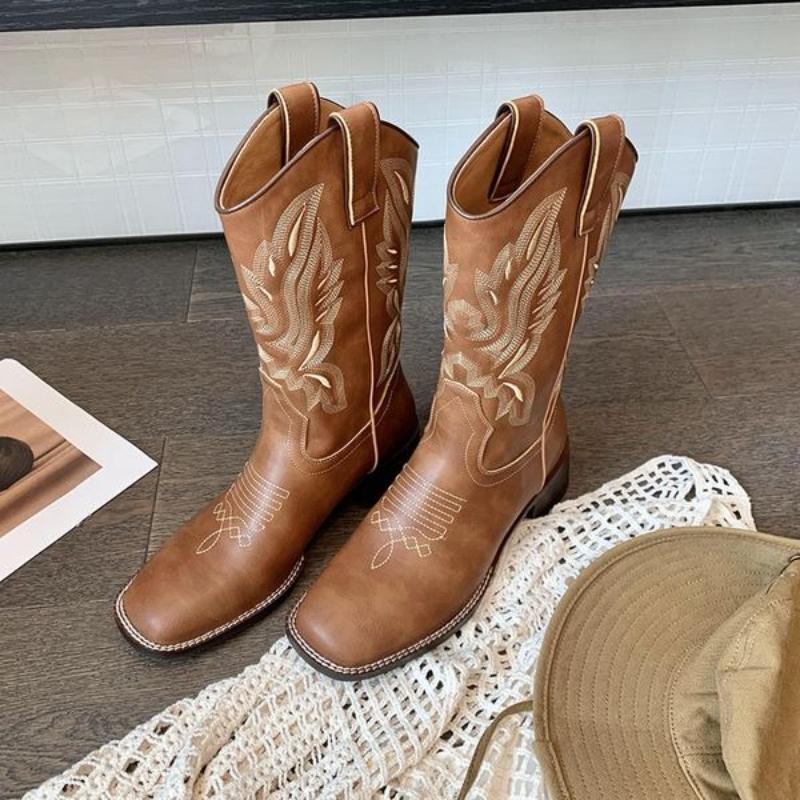 Fashion Spring Autumn Square Toe Middle Heel Half High Boots for Women 2025 Novelty Chic and Elegant Trend Leather Mid Calf Shoes Woman