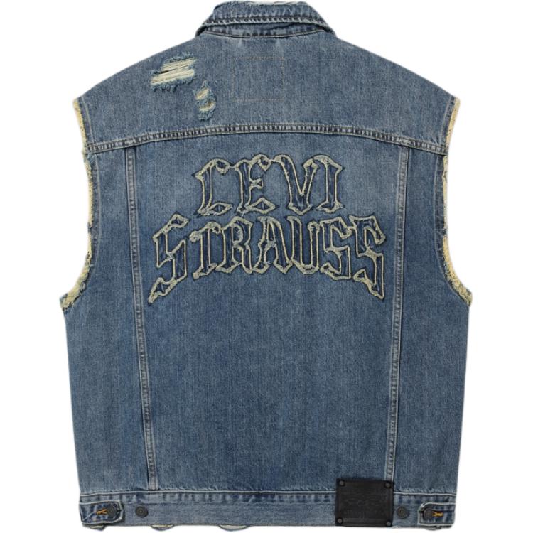 Levis Loose Fit Distressed Fleece Letter Comfortable Zipper Vest Men Vests Dark-Blue 002WY-0001