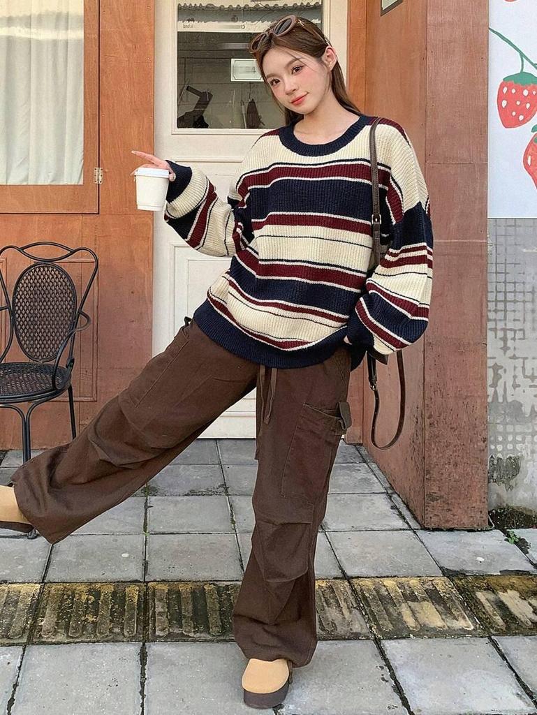 Women's Winter Retro Striped Sweater - Color Block Round Neck Pullover, Casual Loose Knitwear