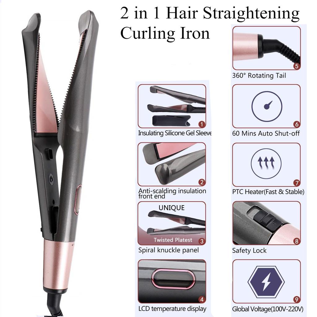 Professional Hair Straightener 2-In-1 Straight & Curler Tourmaline Ceramic Heating Plate Curling Twisted Flat Iron Hair Styling