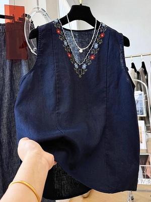 Artistic Retro V-neck Sleeveless Cotton Linen Camisole for Women