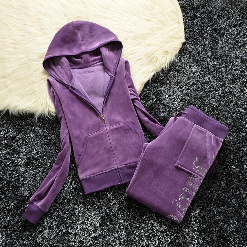 2 Pieces of Women's Outfit Fall Winter Women's Tracksuit Crystal Hoodies and Pant Sets Y2K Velvet Tracksuit