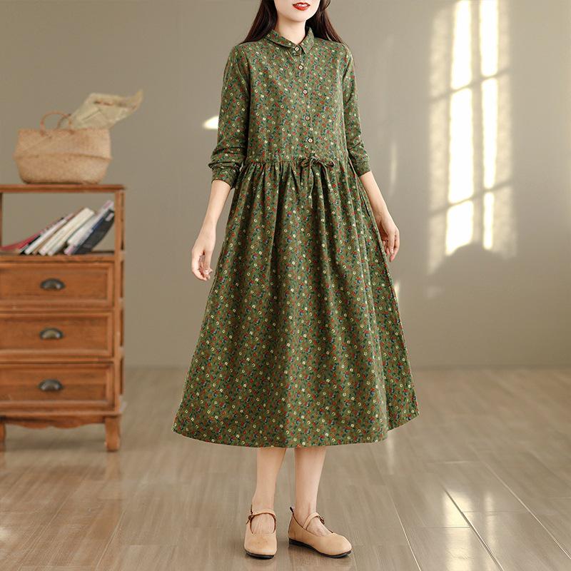 

Бавовняна сукня-сорочка в стилі Морі з квітковим принтом, відкладним коміром та довгими рукавами, Осінньої колекції 2025 2XL квітковий/зелений