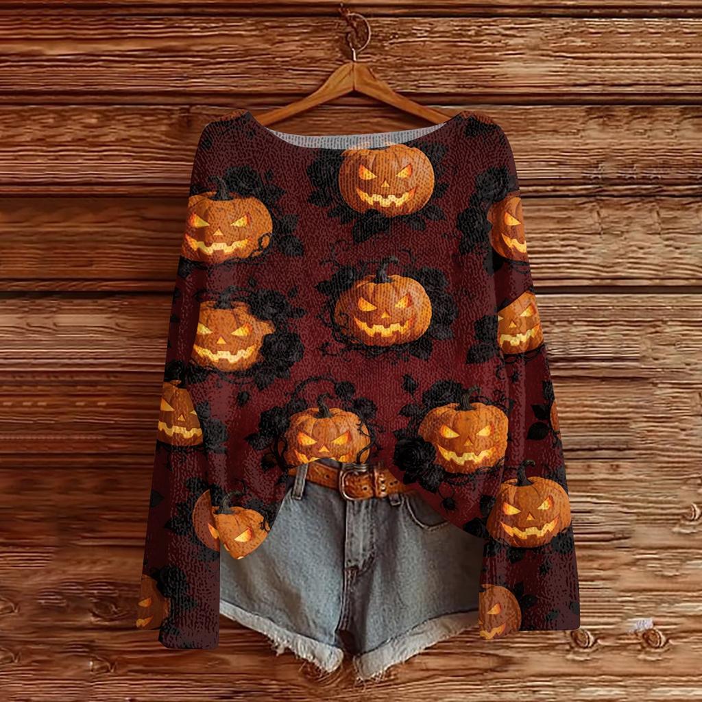 Women's Casual Long Sleeve Halloween Print Knit Pullover Top with Round Neck