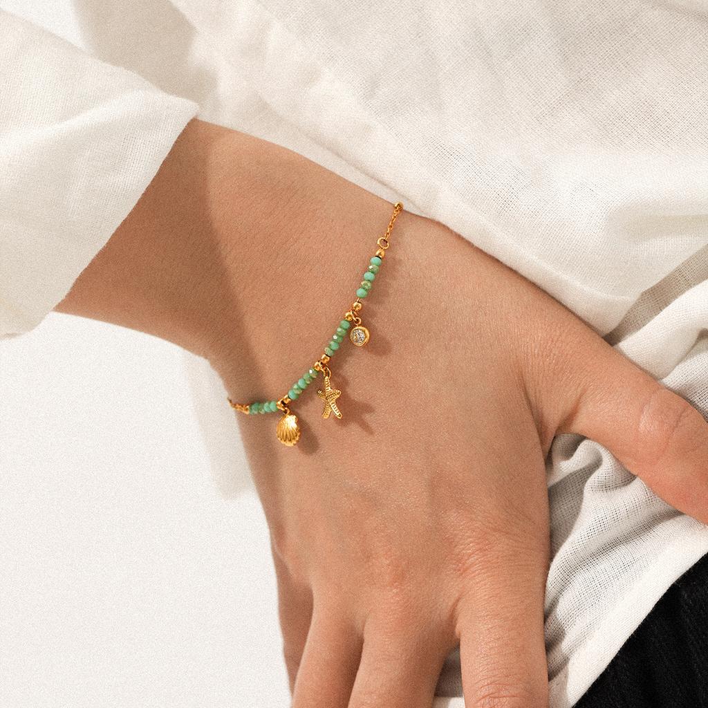 Shell and Starfish Beaded Natural Stone Bracelet, Ocean Resort Style Jewelry, Titanium Steel Bracelet