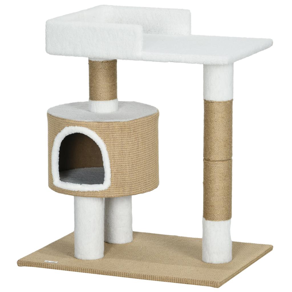 Scratching Post Cat Tree Cat Cave, 1 Cat Cave, 1 Lying Area, 70 cm x 49 cm x 79 cm, Natural + White