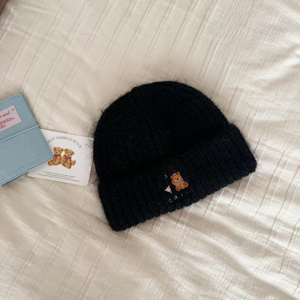 Cute bear embroidered knitted hat women's autumn and winter thickened thermal ear protection hat showing face small cold hat wool hat
