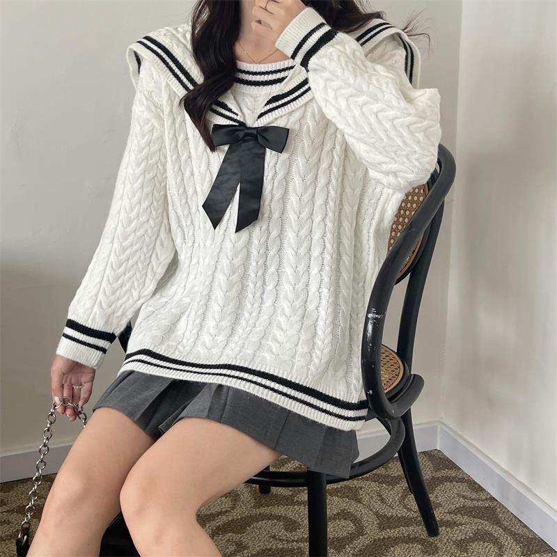 Loose jk sailor suit bow college style navy collar sweater women's autumn and winter loose lazy style outside wear tide