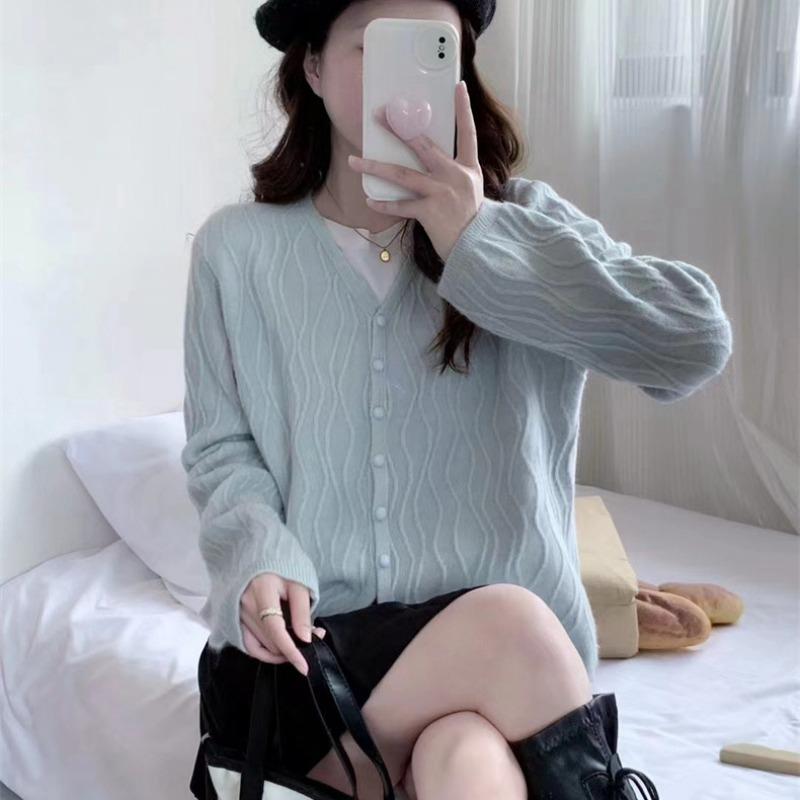 Autumn and winter new textured simple knitted cardigan women's solid color versatile loose lazy sweater jacket