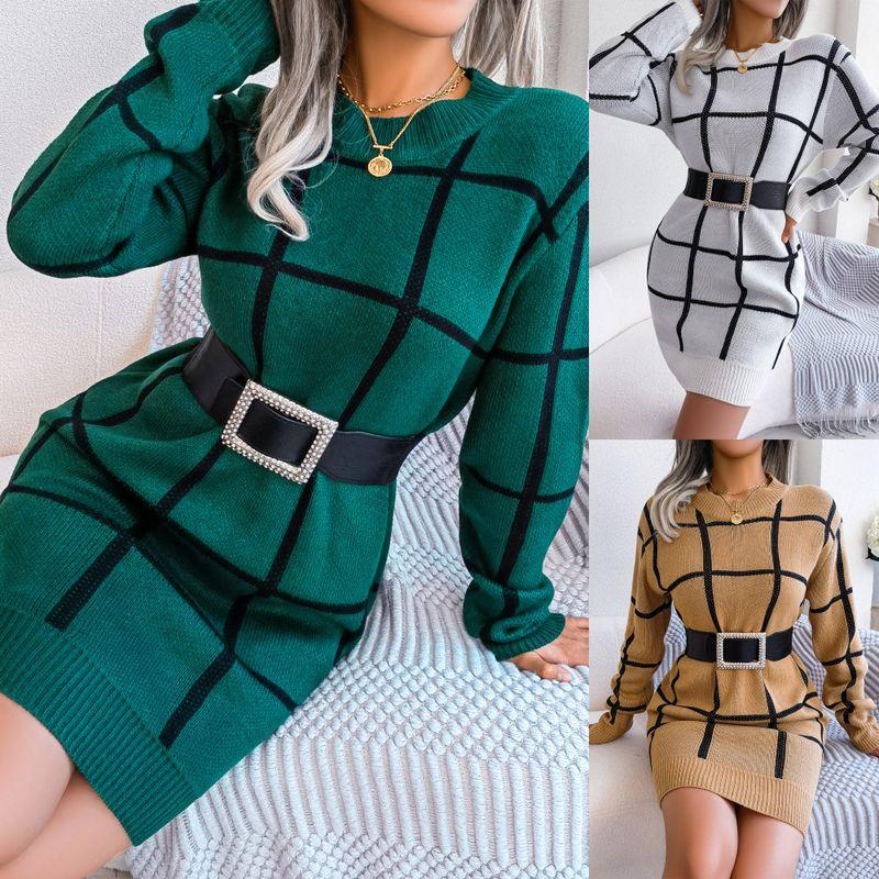 

2024 Casual Contrasting Plaid Long Sleeved Base Woolen Dress Khaki S